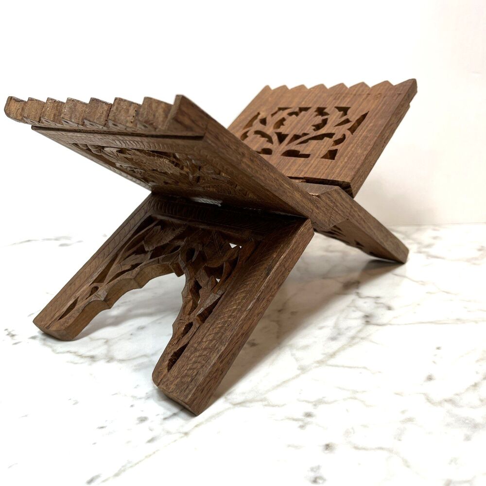 Vintage Hand Carved Wooden Bible Book Cookbook Quran Holder Stand Display Medium